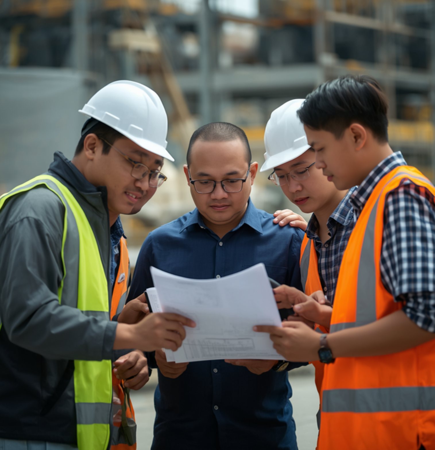 Site engineers in hard hats reviewing plans together