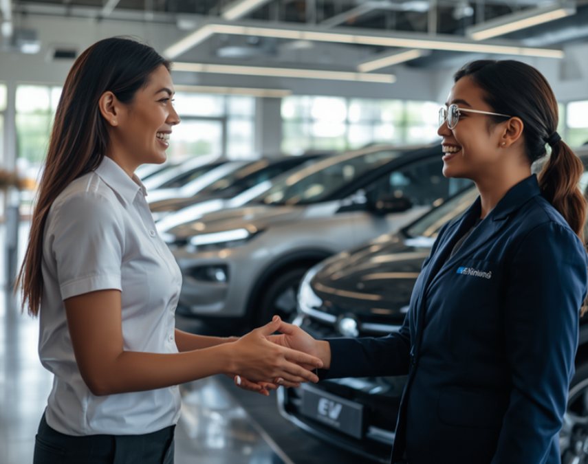 Two women shaking hands in a car dealership showroom