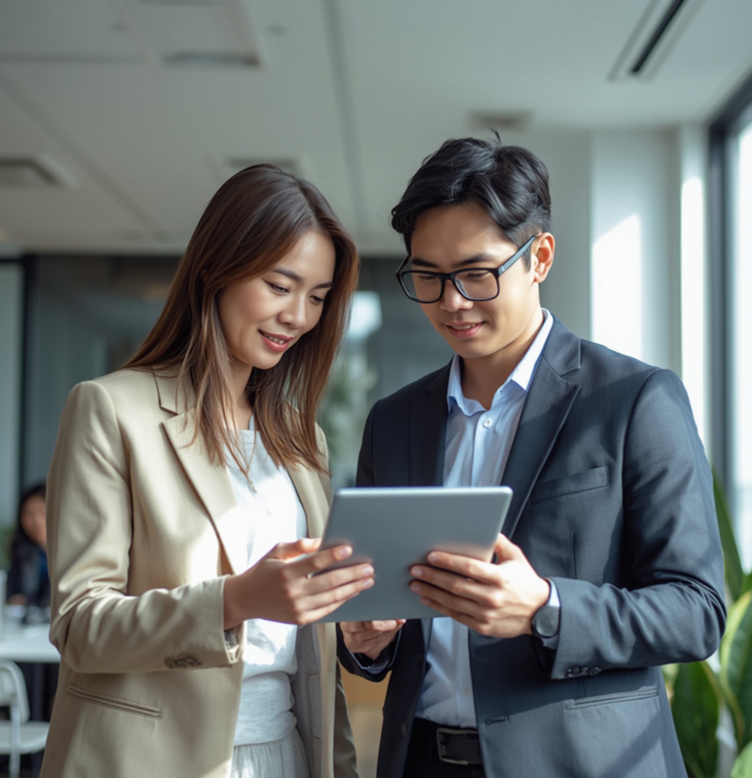 Two sales professionals reviewing a module on a tablet