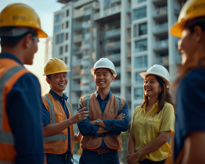 Construction crew in hard hats talking on a building site